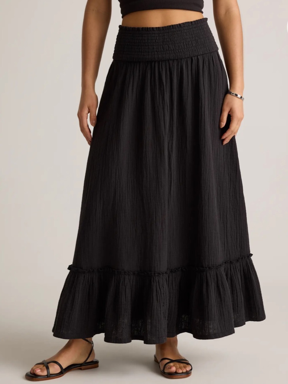 Quince Organic Cotton Gauze Smocked Maxi Skirt Size Large Sustainable Boho